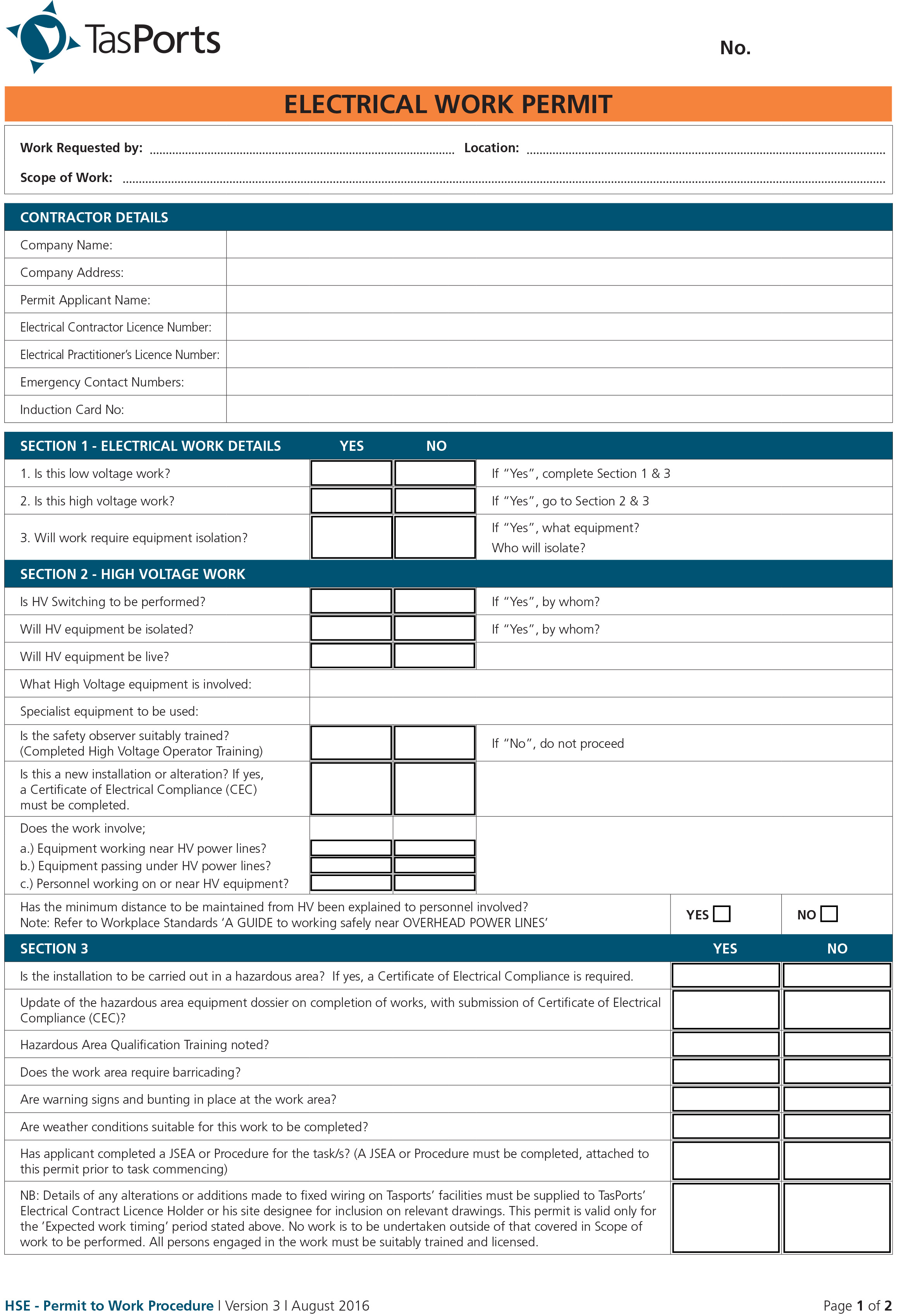 TasPorts electrical work permit